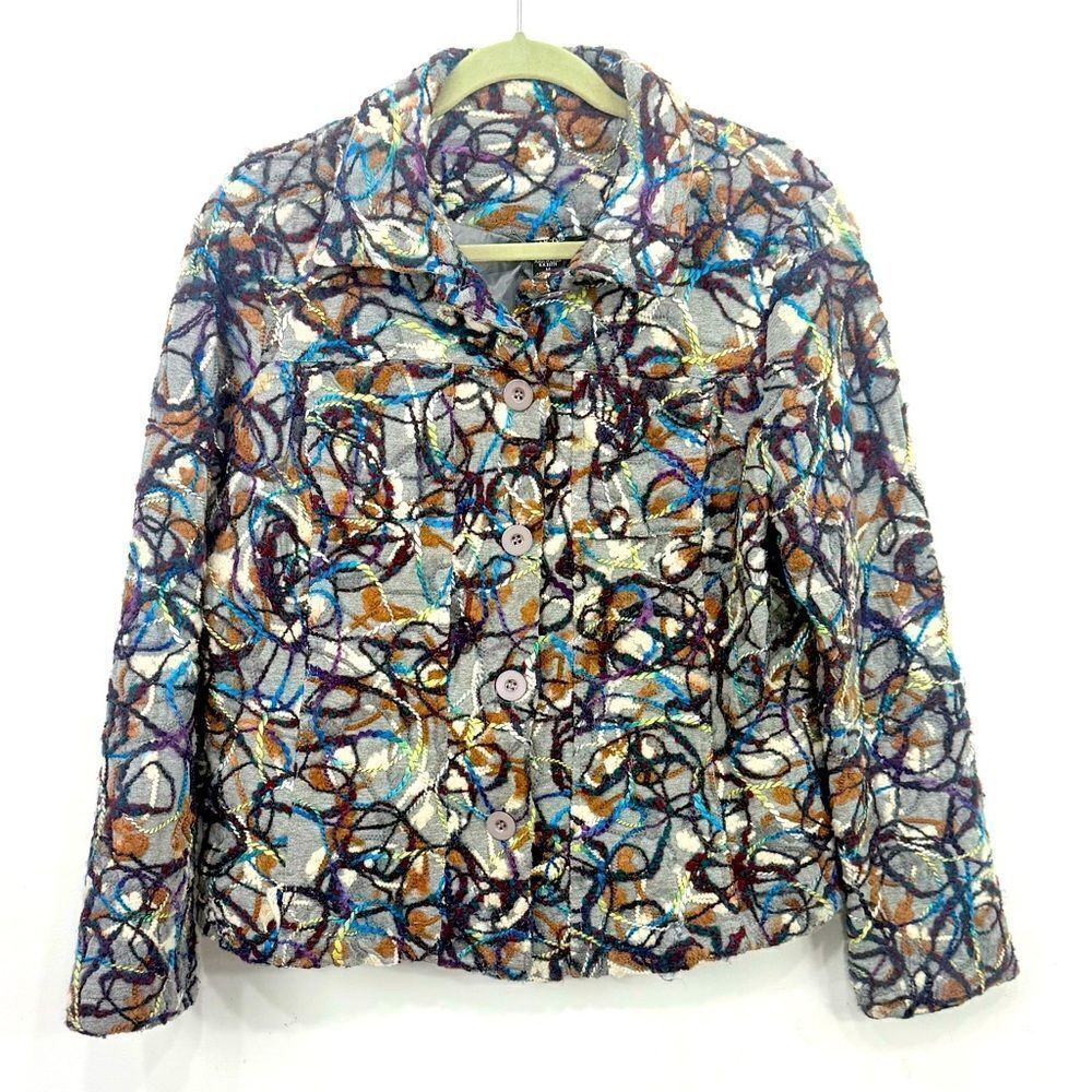 KakTus Gray Colorful All Over Yarn Embellished Button Front Blazer Jacket